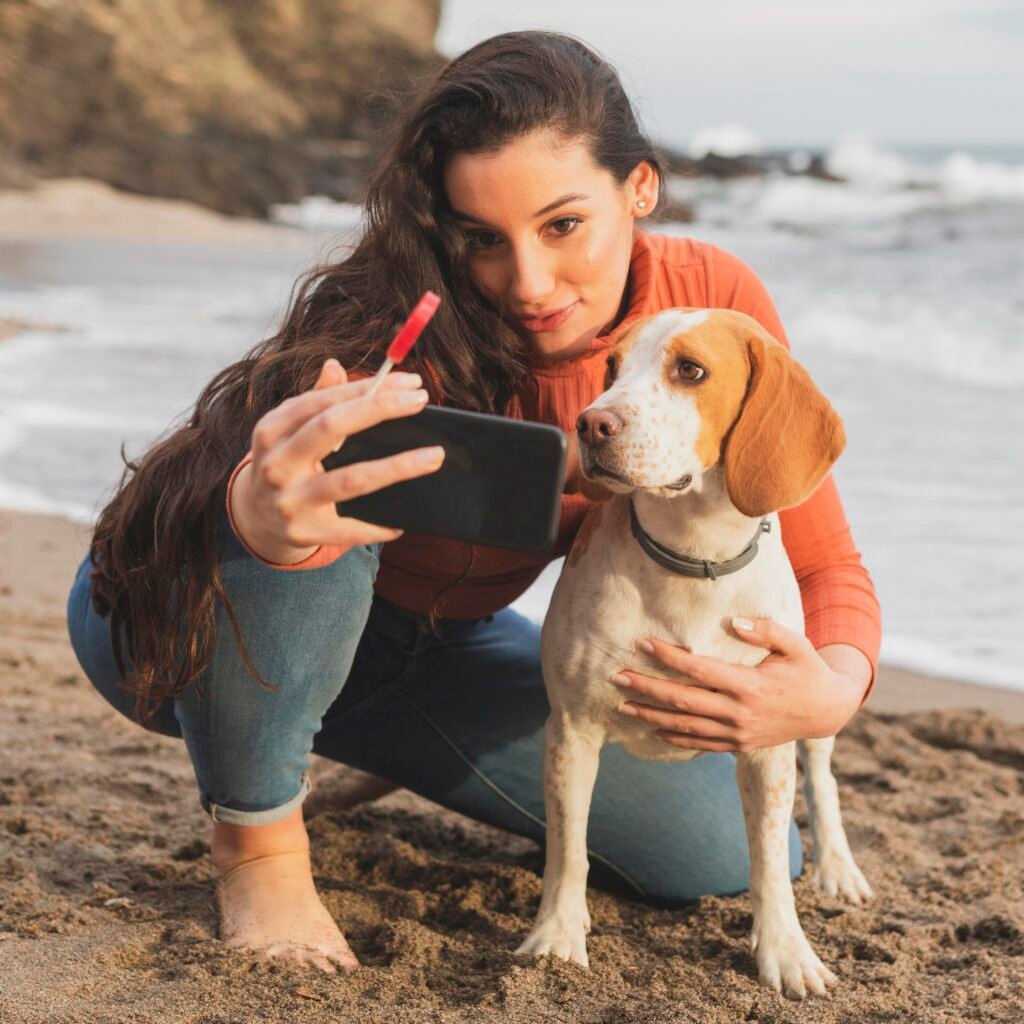 image of a beautiful girl and happy dog